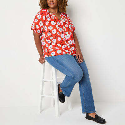 St. John's Bay Womens Plus Split Crew Neck Short Sleeve Blouse