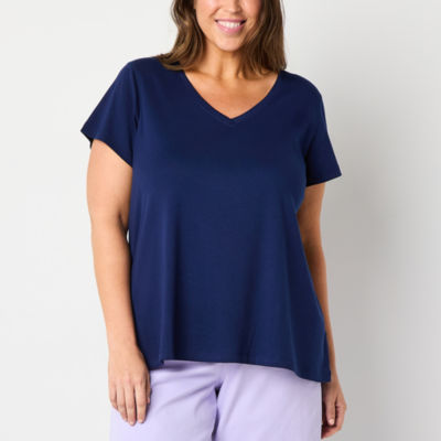 St. John's Bay Womens Plus Easy-on + Easy-off V Neck Short Sleeve Adaptive T-Shirt