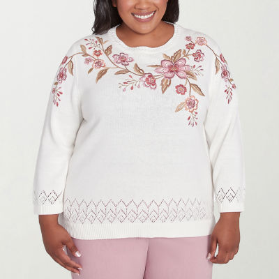 Alfred Dunner Plus Telluride Womens Crew Neck Long Sleeve Floral Pullover Sweater