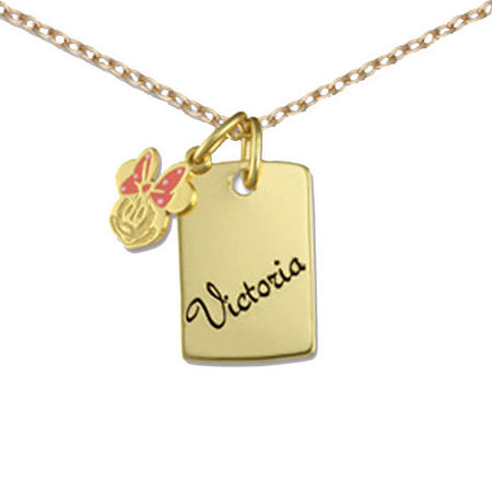 Disney Personalized Girls 14K Yellow Gold over Sterling Silver Minnie Mouse Charm Dog Tag Necklace, One Size, Yellow