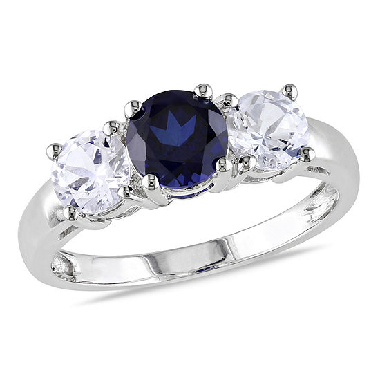 Modern Bride Gemstone Womens Lab Created Blue Sapphire 10K White Gold Round 3-Stone Engagement Ring