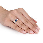 Modern Bride Gemstone Womens Lab Created Blue Sapphire 10K White Gold Round 3-Stone Engagement Ring