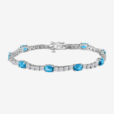 Sterling Silver Over Brass Genuine Blue Topaz and Cubic Zirconia Tennis Bracelet