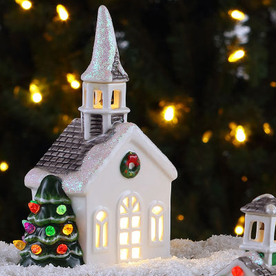 Lighted Ceramic Christmas Village Church Tabletop Decor