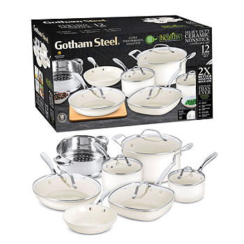 Gotham Steel Hammered 15 pc Cream Ultra-Ceramic Nonstick Cookware Set with  Utensils
