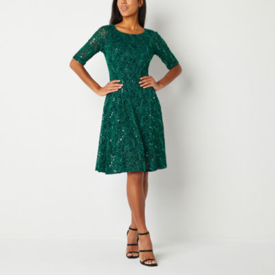 Rabbit Rabbit Rabbit Design 3/4 Sleeve Sequin Lace Fit + Flare Dress