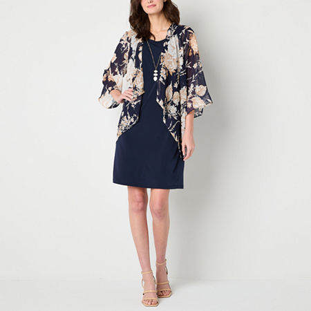 Studio 1 Womens Floral Faux-Jacket Dress With Removable Necklace, Large, Blue