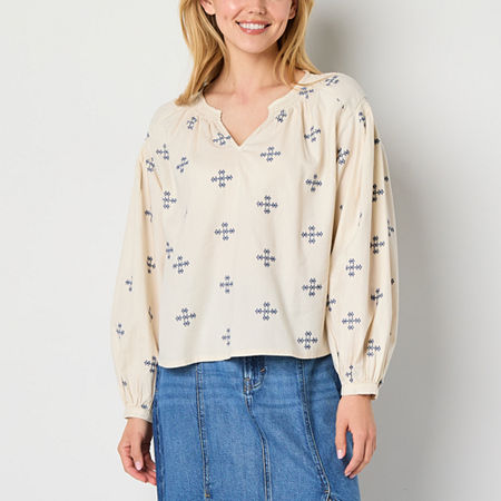 a.n.a Embroidered Womens Long Sleeve Blouse, Petite X-large, Beige