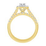 Womens 1 CT. T.W. Genuine White Diamond 10K Gold Cushion Side Stone Halo Bridal Set