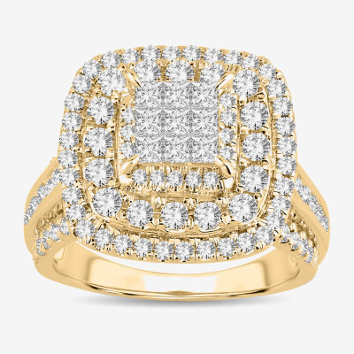 Signature By Modern Bride Womens 2 CT. T.W. Natural White Diamond 10K Gold Cushion Side Stone Halo Engagement Ring