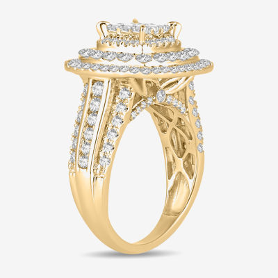 Signature By Modern Bride Womens 2 CT. T.W. Natural White Diamond 10K Gold Cushion Side Stone Halo Engagement Ring