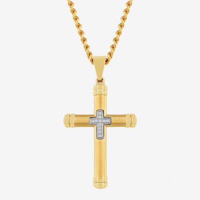 Mens Genuine White Diamond Stainless Steel Cross Rectangular Pendant