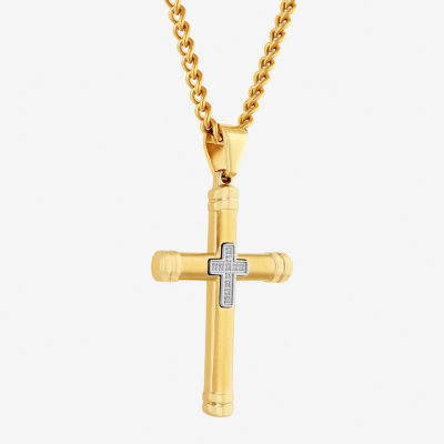 Mens Genuine White Diamond Stainless Steel Cross Rectangular Pendant