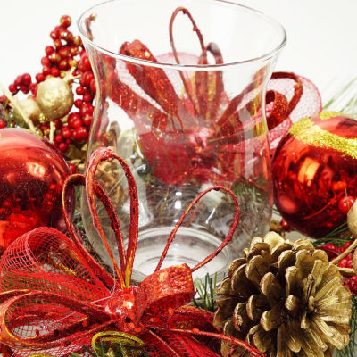 18'' Pine Sprigs and Glittered Berries Christmas Hurricane Candle Holder