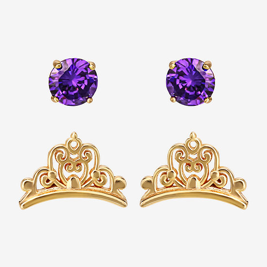 Disney Collection Purple Cubic Zirconia 14K Gold Over Silver Princess 2 Pair Earring Set