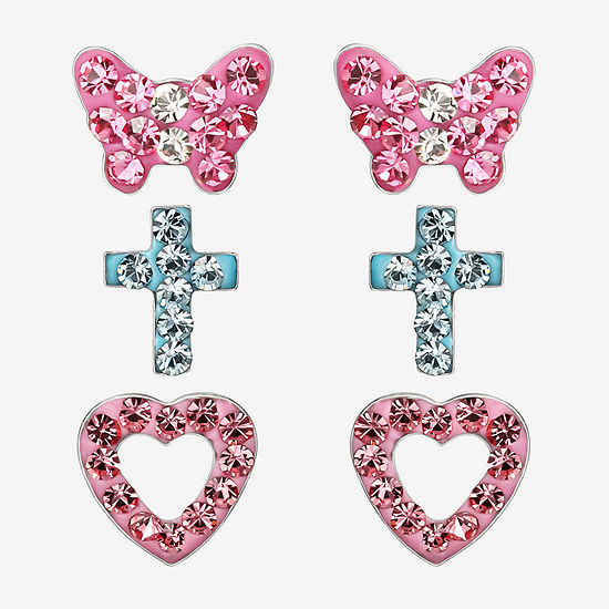 Multi Color Crystal Sterling Silver Heart 3 Pair Earring Set