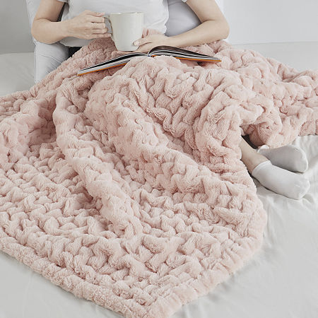 Madison Park Ruched Fur Throw, One Size, Pink