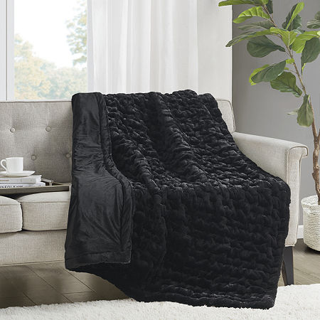 Madison Park Ruched Fur Throw, One Size, Black