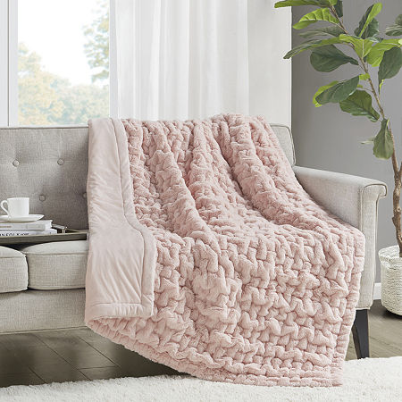 Madison Park Ruched Fur Throw, One Size, Pink