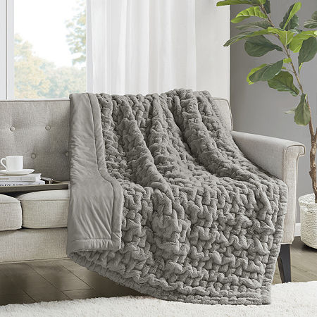 Madison Park Ruched Fur Throw, One Size, Gray