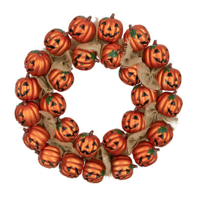 Jack-O-Lantern and Burlap Ribbon Halloween Wreath  20-Inch  Unlit
