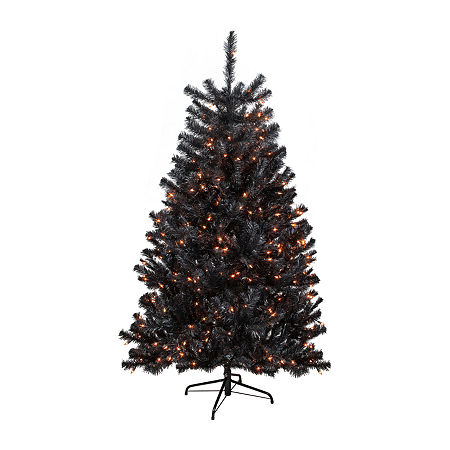 6ft Pre-Lit Black Noble Spruce Artificial Halloween Tree Orange Lights, One Size, Black