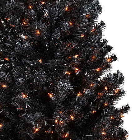 6ft Pre-Lit Black Noble Spruce Artificial Halloween Tree Orange Lights, One Size, Black