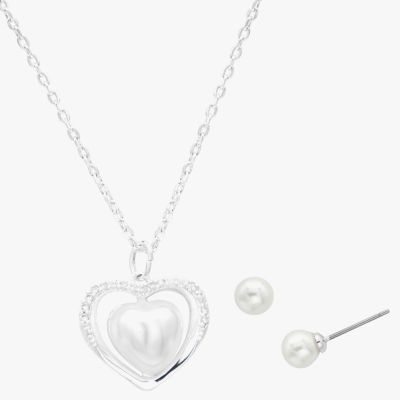 Sparkle Allure 2-pc. Simulated Pearl Pure Silver Over Brass Heart Jewelry Set
