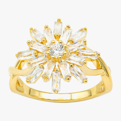 Sparkle Allure Sun Burst Split Shank Womens Cubic Zirconia 14K Gold Over Brass Cocktail Ring