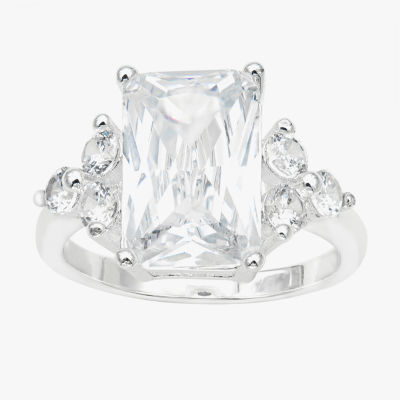 Sparkle Allure Side Stone Cubic Zirconia Pure Silver Over Brass Rectangular Engagement Ring