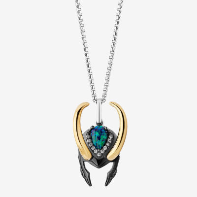 Marvel Fine Jewelry Womens Diamond Accent Lab Created Green Opal 14K Gold Over Silver Sterling Loki Pendant Necklace