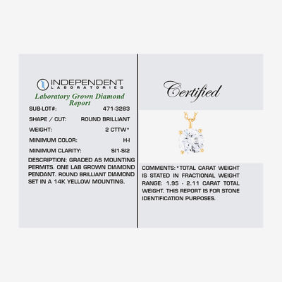 ( H-I/Si1-Si2 ) 2 CT. Lab-Grown Diamond 14K Gold Round 18 Inch Pendant Necklace