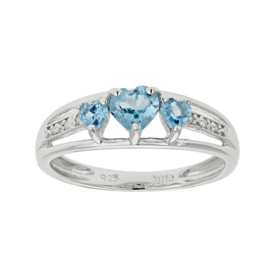 Genuine Blue Topaz & Diamond-Accent Heart-Shaped 3-Stone Sterling Silver Ring