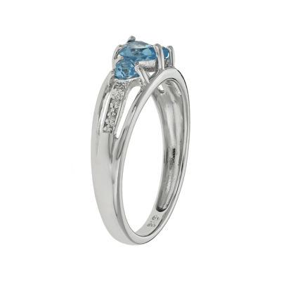 Genuine Blue Topaz & Diamond-Accent Heart-Shaped 3-Stone Sterling Silver Ring