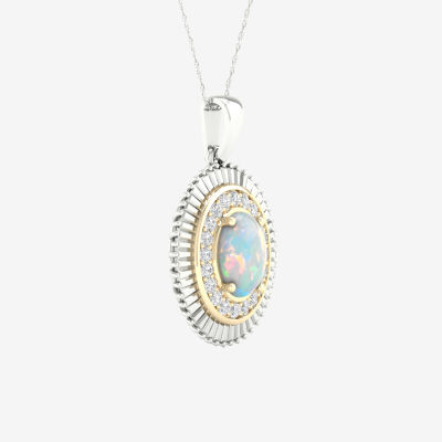 Womens Lab Created White Opal 10K Gold Sterling Silver Pendant Necklace