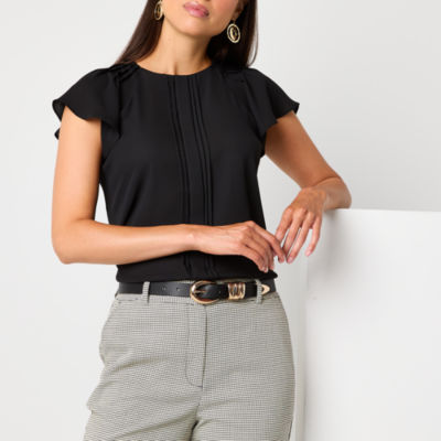 Worthington Womens Petite Round Neck Short Sleeve Blouse