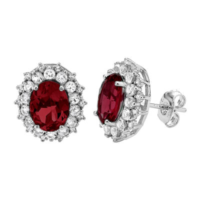 Lab Created Red Ruby Sterling Silver 12.7mm Oval Stud Earrings