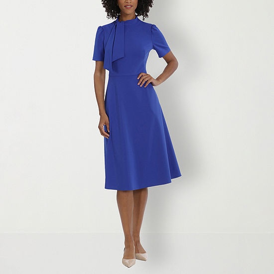 London Style Short Sleeve Fit + Flare Dress, Color: Cobalt - JCPenney