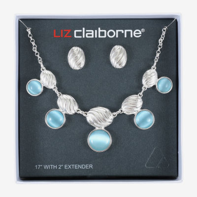 Liz Claiborne Collar Necklace And Stud Earring Womens Blue Glass Round 2-pc. Jewelry Set