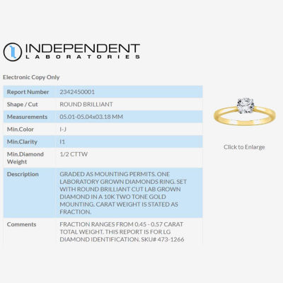 (I-J / I1) Womens 1/2 CT. T.W. Lab Grown White Diamond 10K Two Tone Gold Round Solitaire Engagement Ring