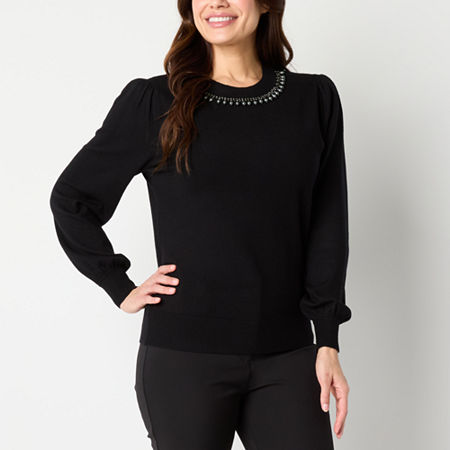 Liz Claiborne Womens Crew Neck Embellished Long Sleeve Pullover Sweater, Petite Small, Black