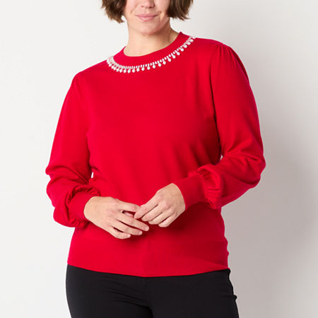 Liz Claiborne Womens Crew Neck Embellished Long Sleeve Pullover Sweater, Large, Red