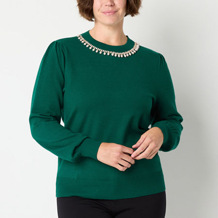 Liz Claiborne Womens Crew Neck Embellished Long Sleeve Pullover Sweater, Petite Large, Green