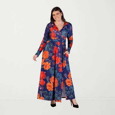 24seven Comfort Apparel Womens Plus Long Sleeve Floral Maxi Dress