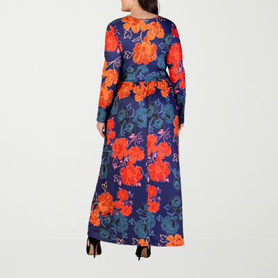 24seven Comfort Apparel Womens Plus Long Sleeve Floral Maxi Dress