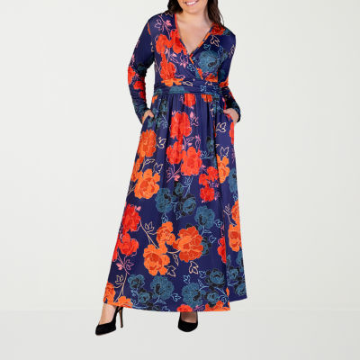24seven Comfort Apparel Womens Plus Long Sleeve Floral Maxi Dress