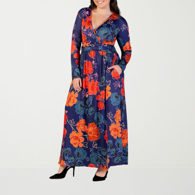 24seven Comfort Apparel Womens Plus Long Sleeve Floral Maxi Dress