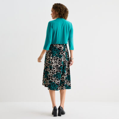 Danny & Nicole Womens Floral Midi Jacket Dress, Color: Teal Black