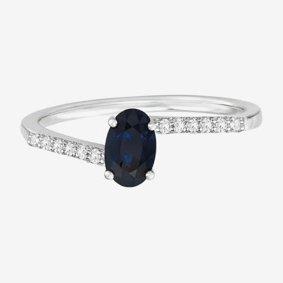 (J-K/I2-I3) Womens 1/10 CT. T.W. Genuine Blue Sapphire 10K White Gold Oval Side Stone Bypass  Cocktail Ring