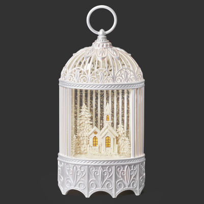 Roman 12"H Lighted Swirl Bird Cage With Church Christmas Tabletop Decor